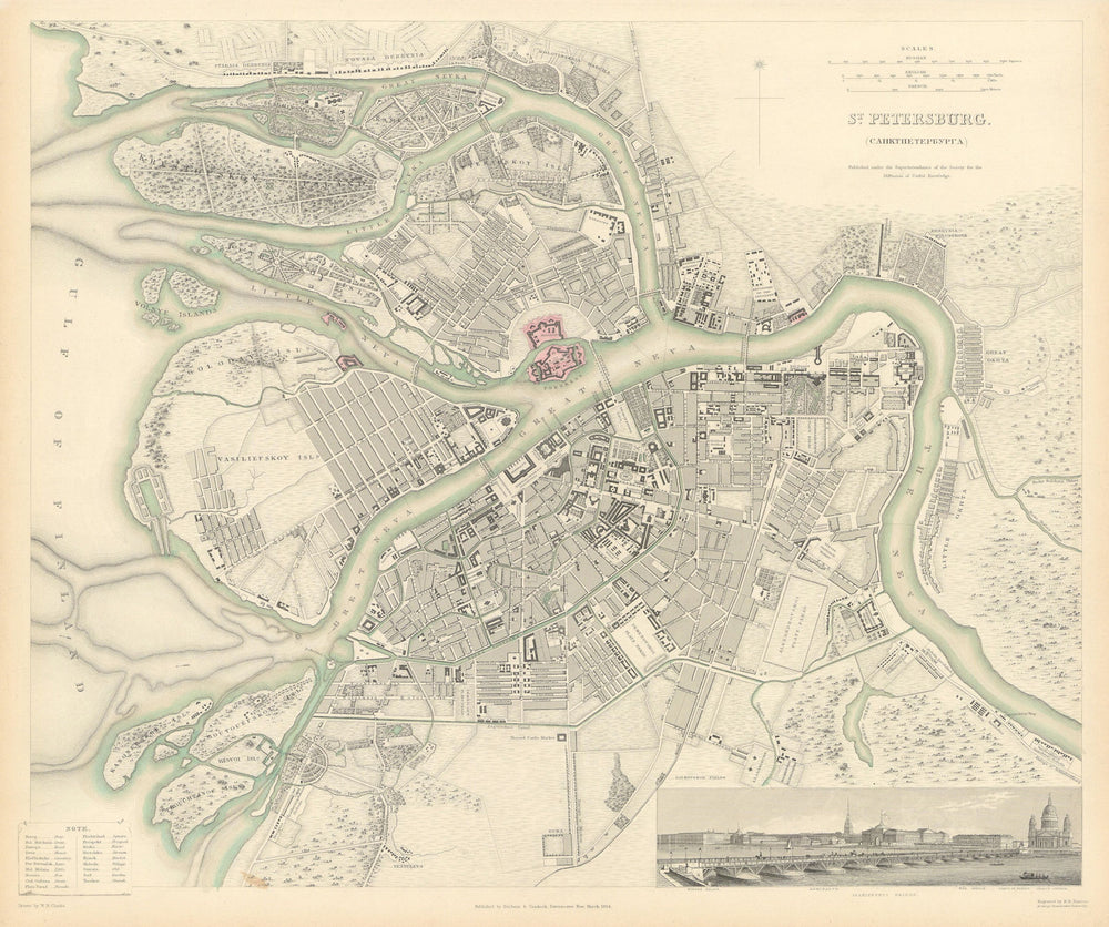 ST PETERSBURG Санкт-Петербург. Antique town city map plan. Panorama. SDUK 1844
