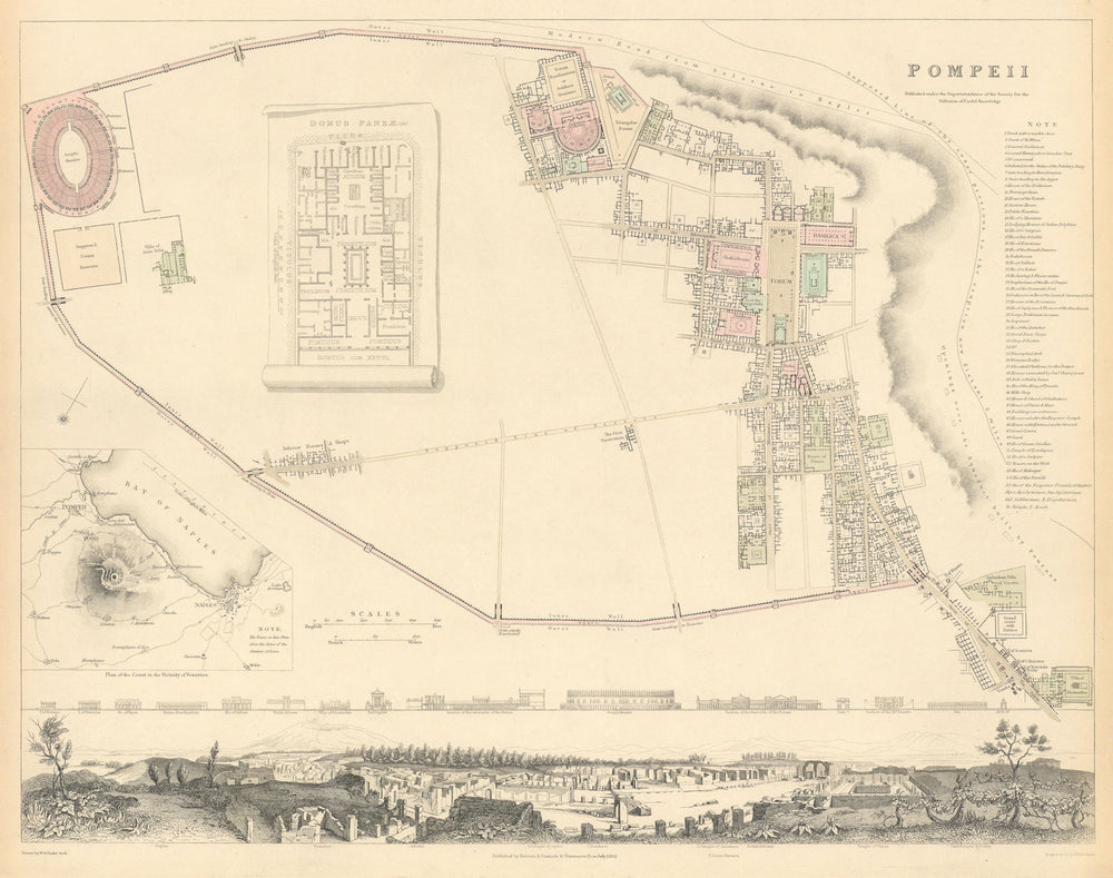 POMPEII. Antique town city map & panorama. Domus Pansae;Bay of Naples.SDUK 1844