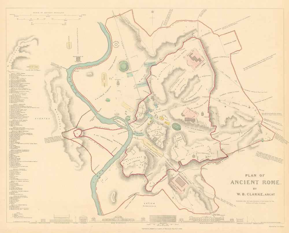 ANCIENT ROME ROMA. Antique town city map plan.Original hand colouring.SDUK 1844