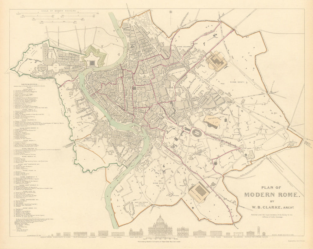 ROME ROMA. Antique town city map plan. Original hand colouring. SDUK 1844