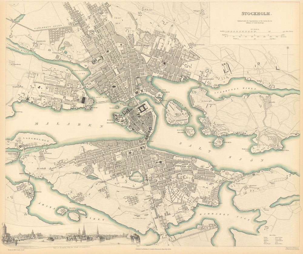 STOCKHOLM. Antique town city map plan. Inset panorama view. SDUK 1844 old