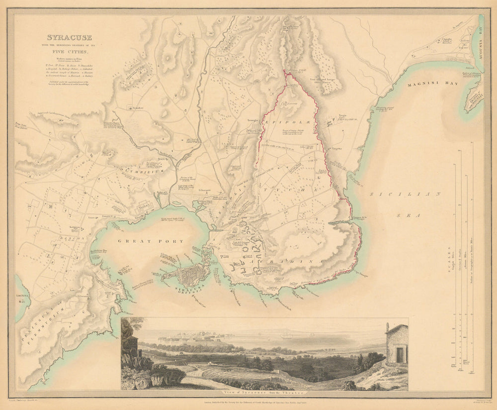 SYRACUSE SIRACUSA. Antique town city map plan.Remains of its 5 cities.SDUK 1844