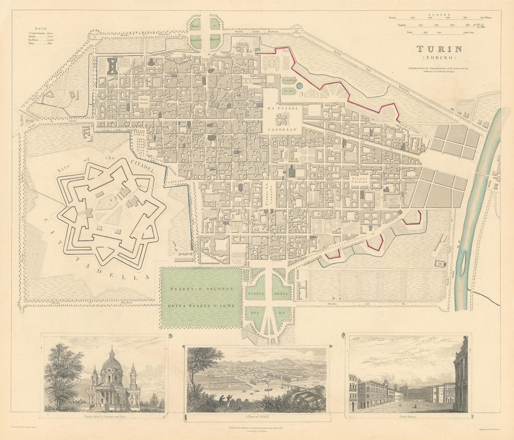 TURIN TORINO.Antique town city map plan.Panorama.Superga.Royal Palace.SDUK 1844