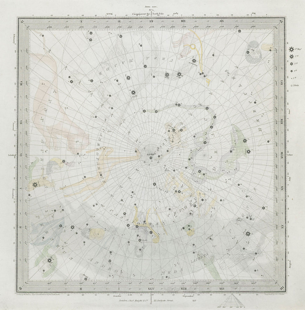 ASTRONOMY CELESTIAL. Star map. Star chart, V. North Pole. SDUK 1847 old