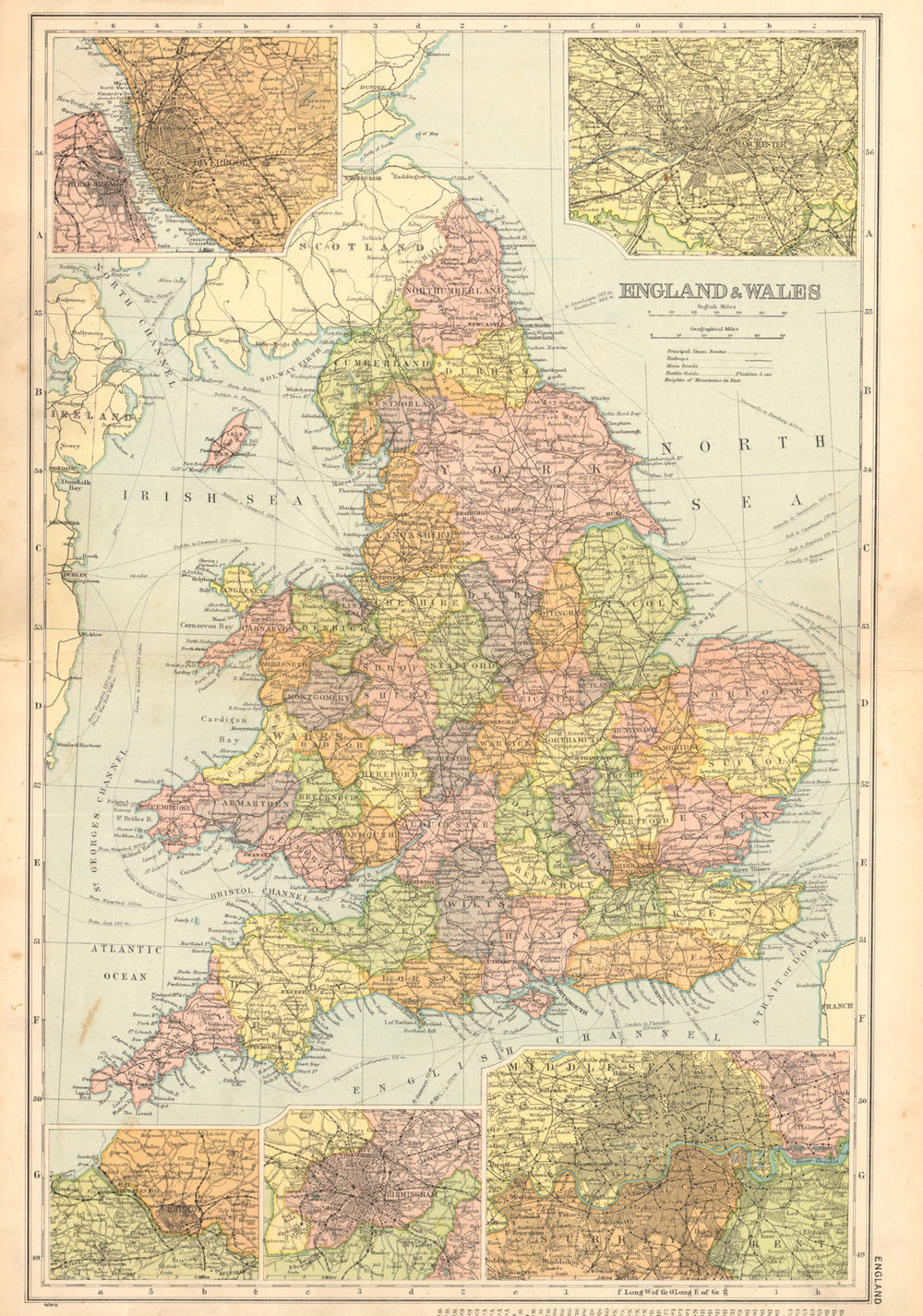 ENGLAND & WALES. Liverpool Manchester Bristol Birmingham London. BACON 1904 map