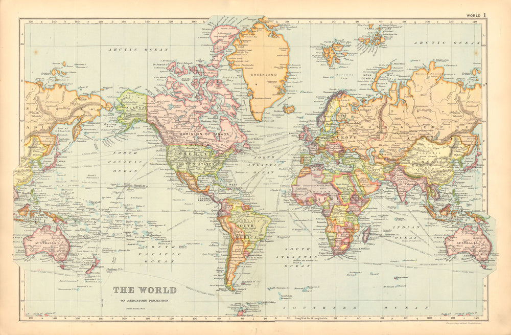 WORLD ON MERCATOR'S PROJECTION. Showing shipping routes. BACON 1904 old map