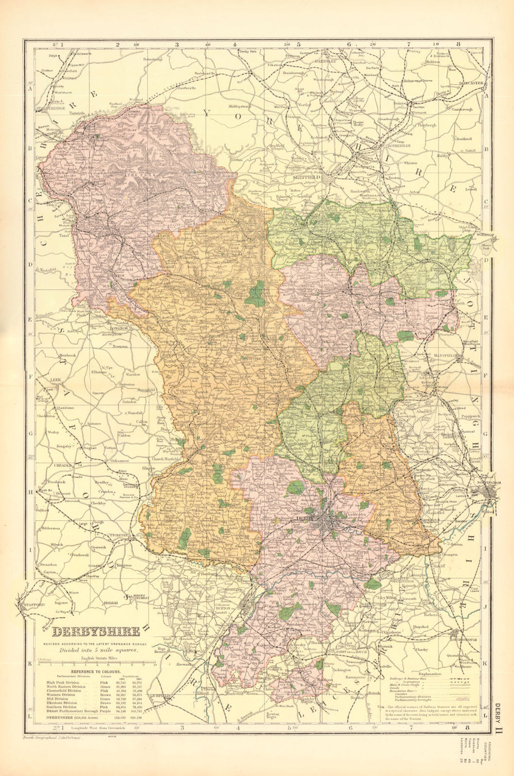 DERBYSHIRE. Showing Parliamentary divisions, boroughs & parks. BACON 1904 map