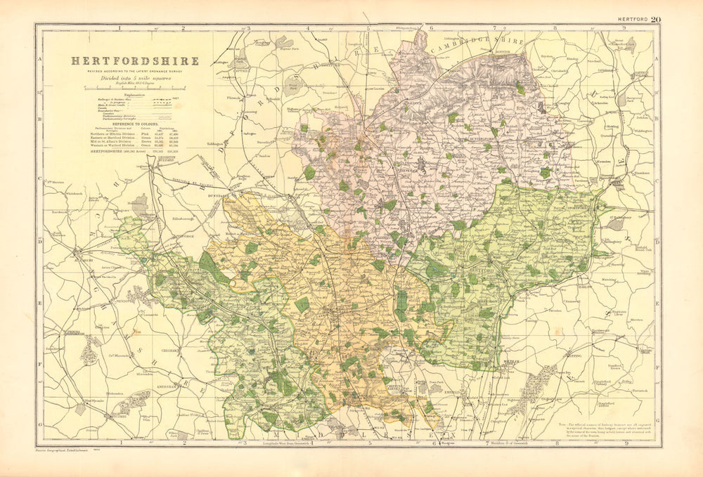 HERTFORDSHIRE. Showing Parliamentary divisions, boroughs & parks. BACON 1904 map