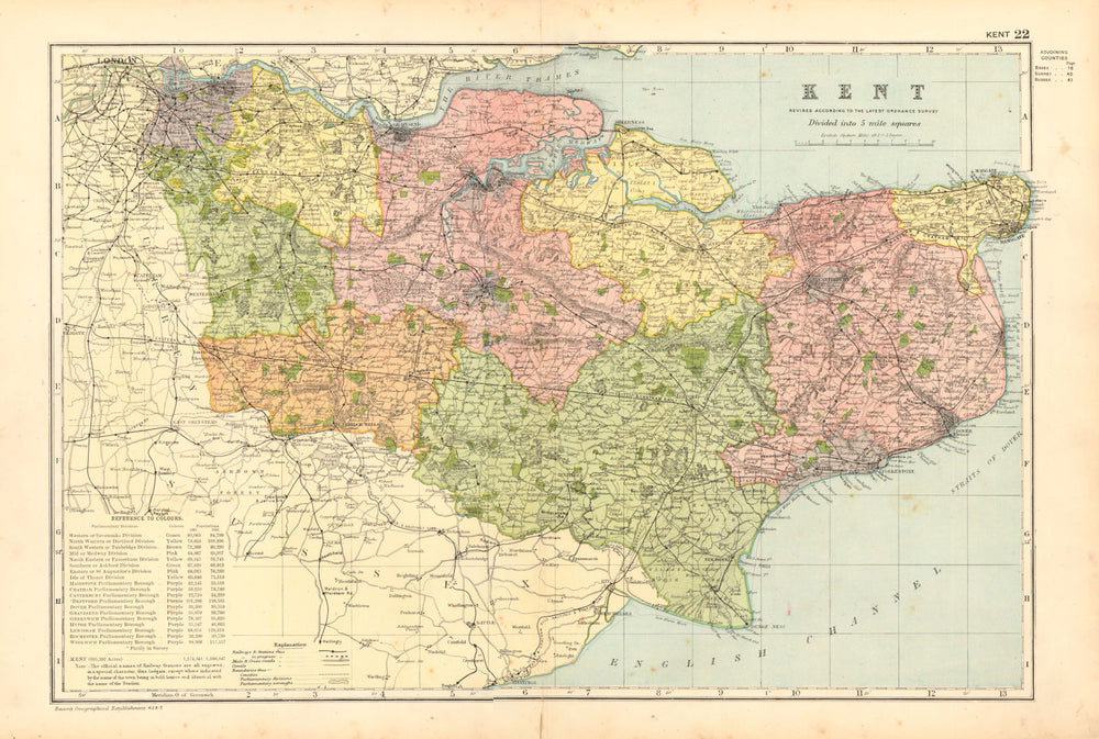 KENT. Showing Parliamentary divisions, boroughs & parks. BACON 1904 old map