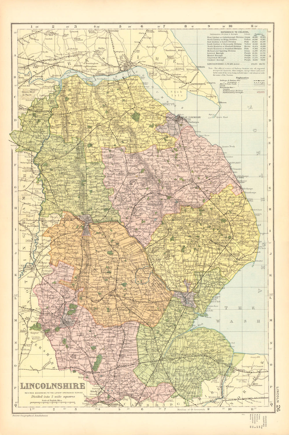 LINCOLNSHIRE. Showing Parliamentary divisions, boroughs & parks. BACON 1904 map