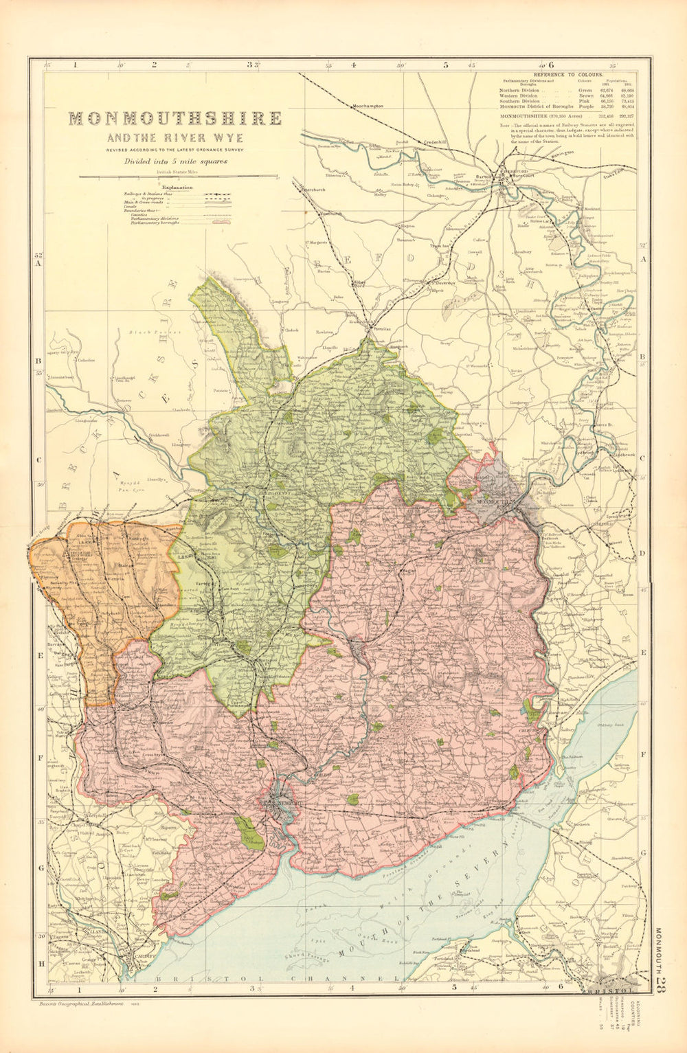 MONMOUTHSHIRE AND THE RIVER WYE. Constituencies,boroughs & parks.BACON 1904 map