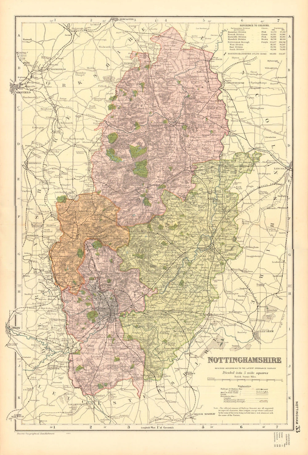 NOTTINGHAMSHIRE. Showing Parliamentary divisions,boroughs & parks.BACON 1904 map