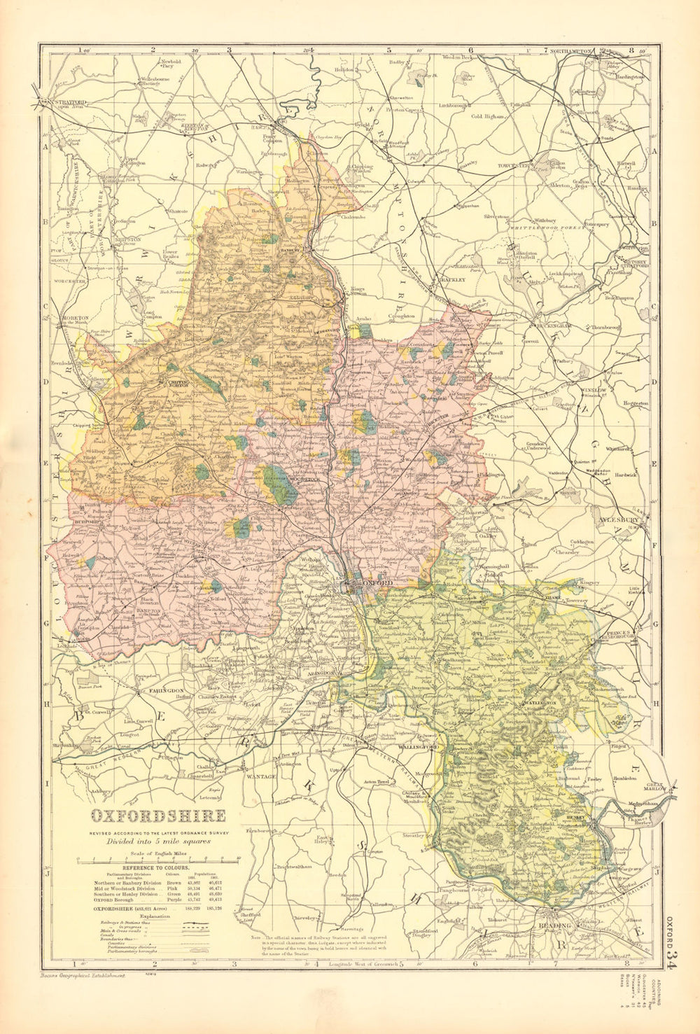 OXFORDSHIRE. Showing Parliamentary divisions, boroughs & parks. BACON 1904 map