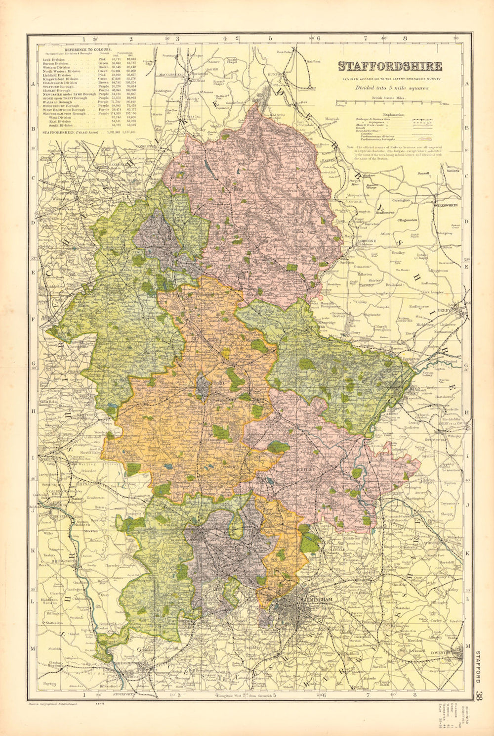 STAFFORDSHIRE. Showing Parliamentary divisions, boroughs & parks. BACON 1904 map