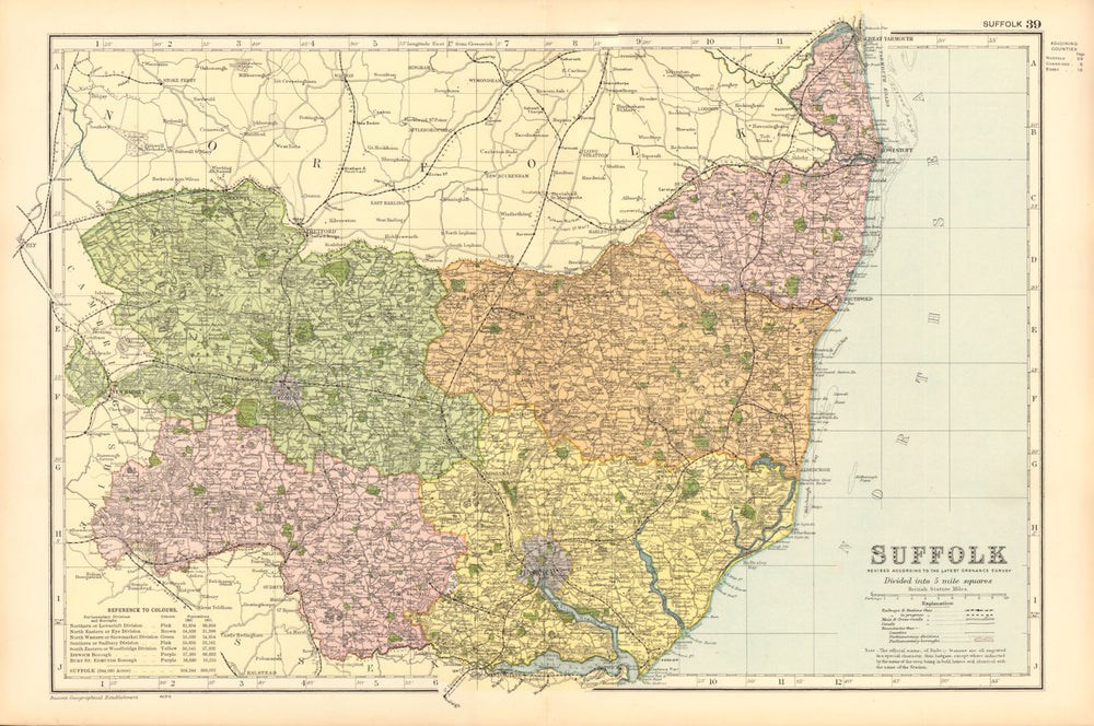 SUFFOLK. Showing Parliamentary divisions, boroughs & parks. BACON 1904 old map