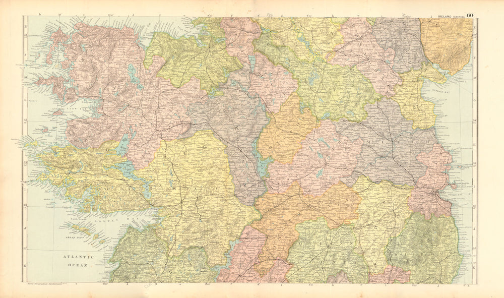 IRELAND CENTRAL. Parliamentary divisions. Railways. BACON 1904 old antique map