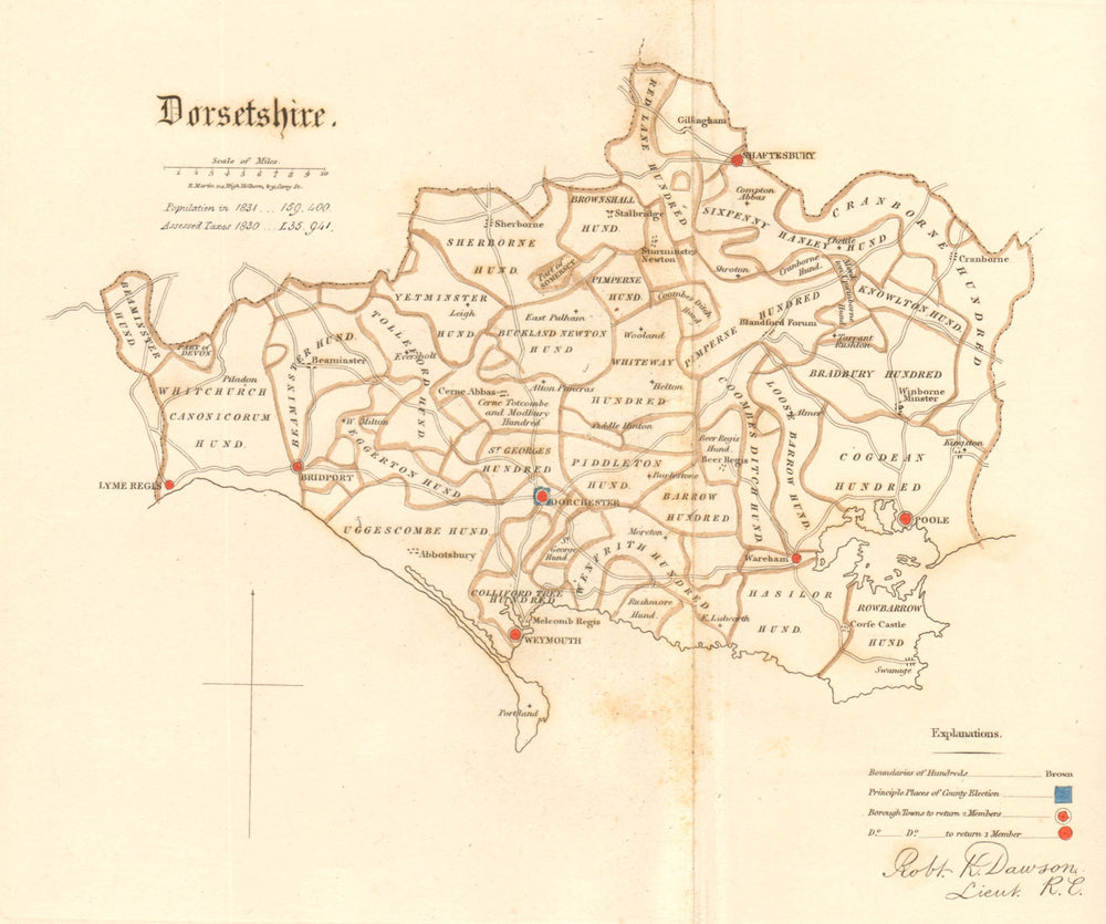 Dorsetshire county map. Hundreds boroughs electoral. REFORM ACT. DAWSON 1832
