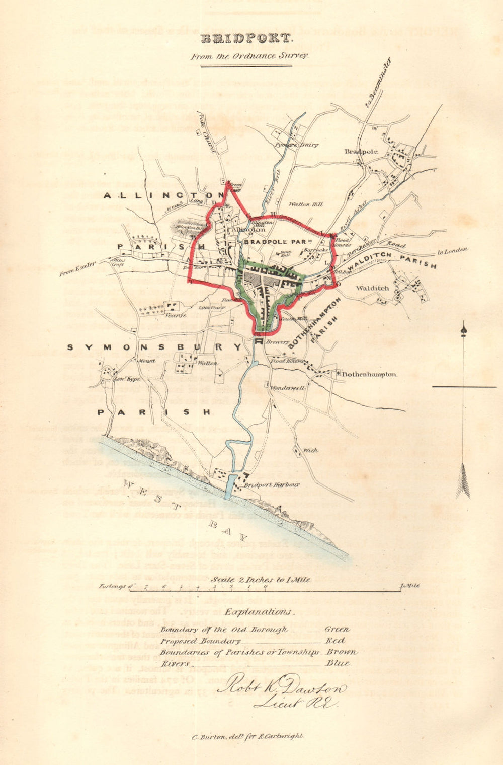 BRIDPORT borough/town plan. REFORM ACT. Bradpole. Dorset. DAWSON 1832 old map