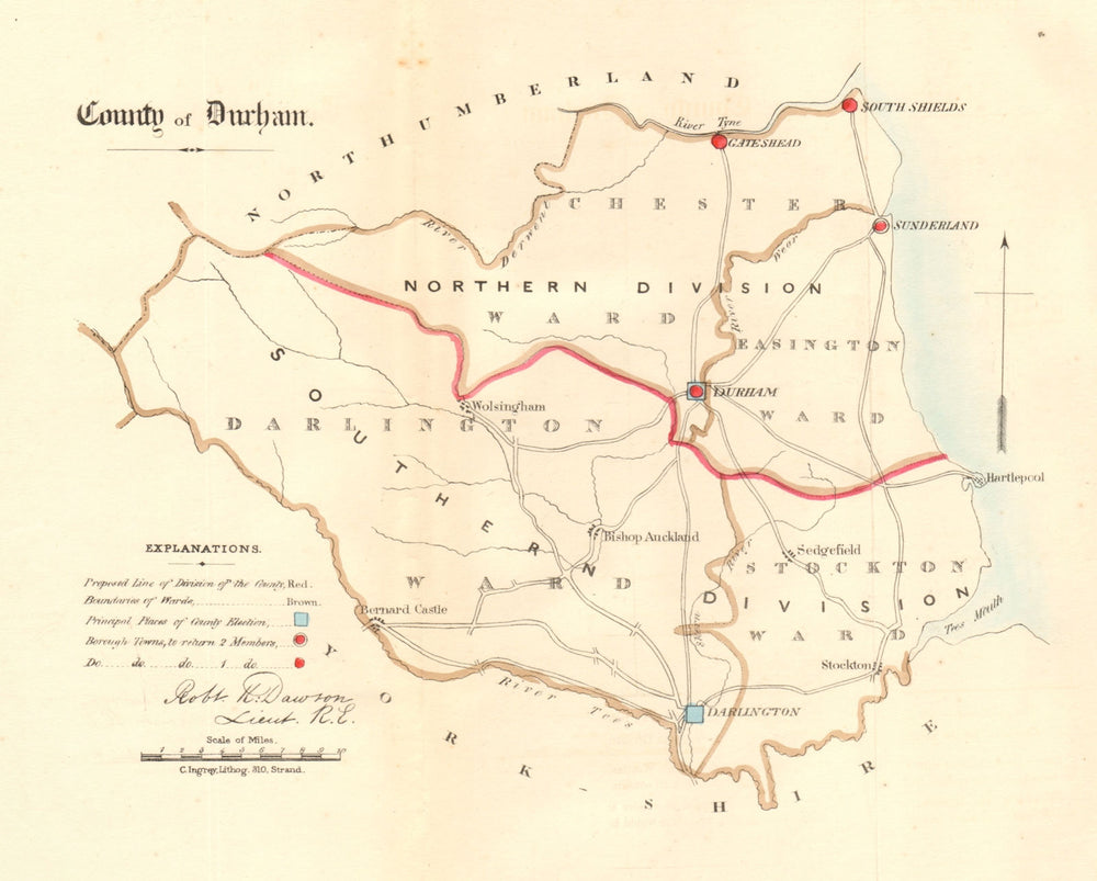 County Durham map. Divisions boroughs electoral. REFORM ACT. DAWSON 1832