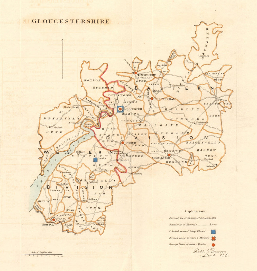 Gloucestershire county map. Divisions boroughs electoral REFORM ACT. DAWSON 1832