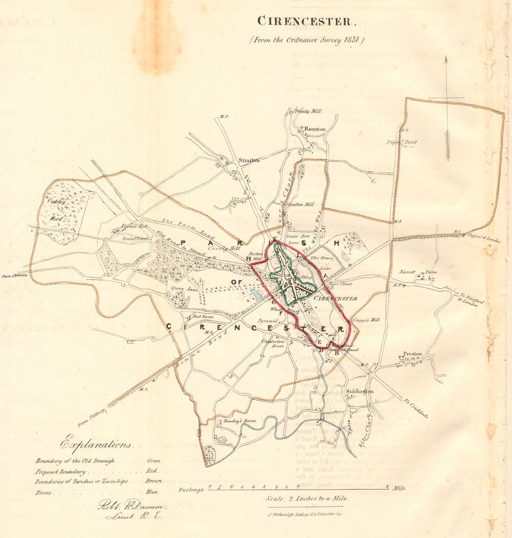 CIRENCESTER borough/town plan. REFORM ACT. Gloucestershire. DAWSON 1832 map