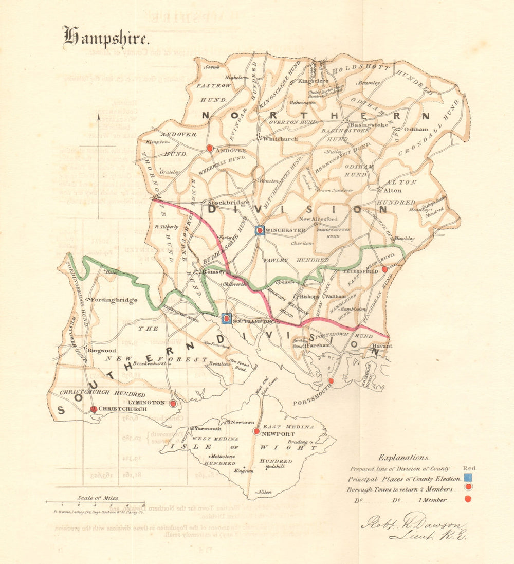 Hampshire county map. Divisions boroughs electoral. REFORM ACT. DAWSON 1832