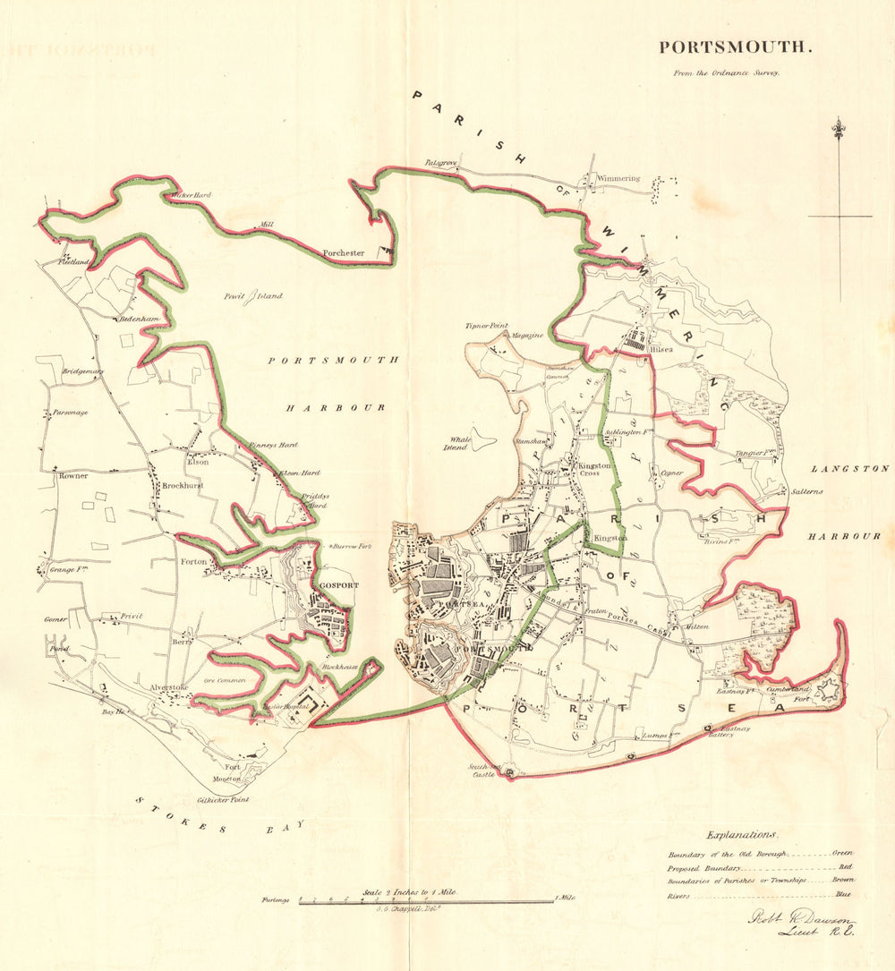 PORTSMOUTH borough/town/city plan Gosport & harbour. REFORM ACT. DAWSON 1832 map