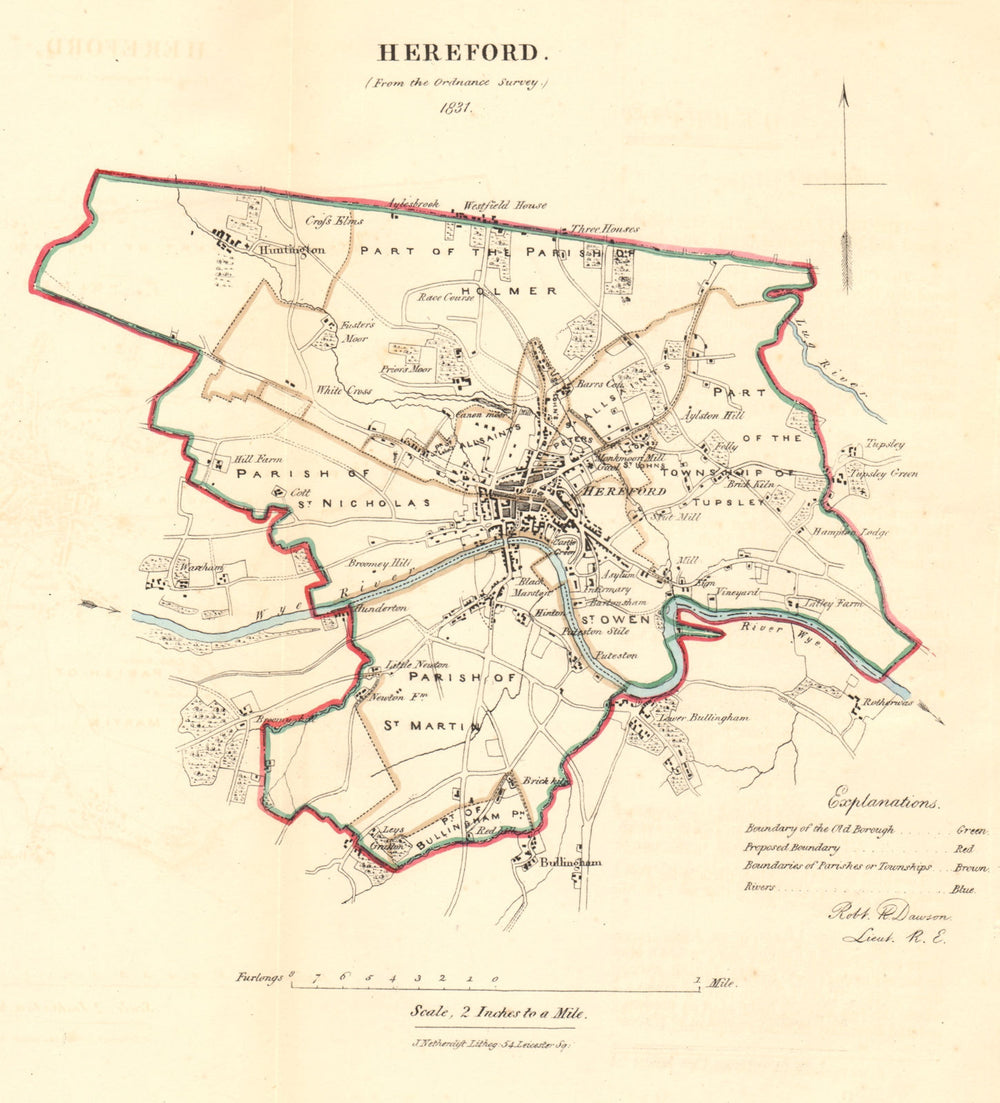 HEREFORD borough/town plan. REFORM ACT. Huntington Bullingham. DAWSON 1832 map