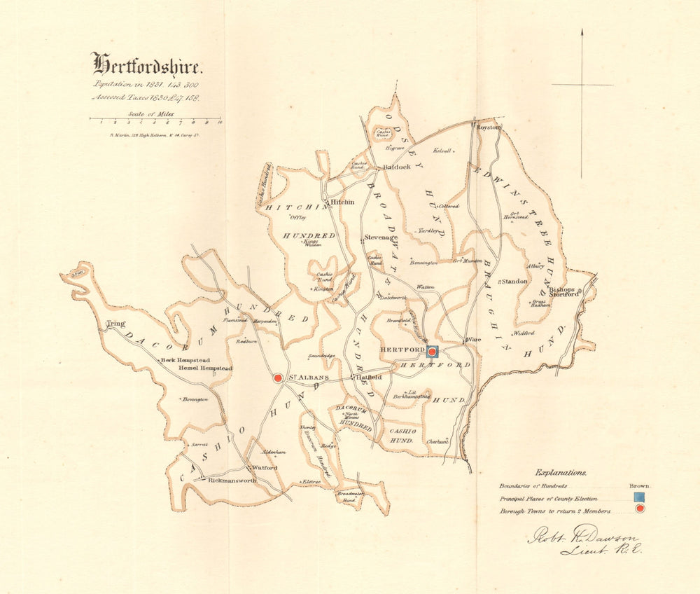 Hertfordshire county map. Boroughs electoral. REFORM ACT. DAWSON 1832 old