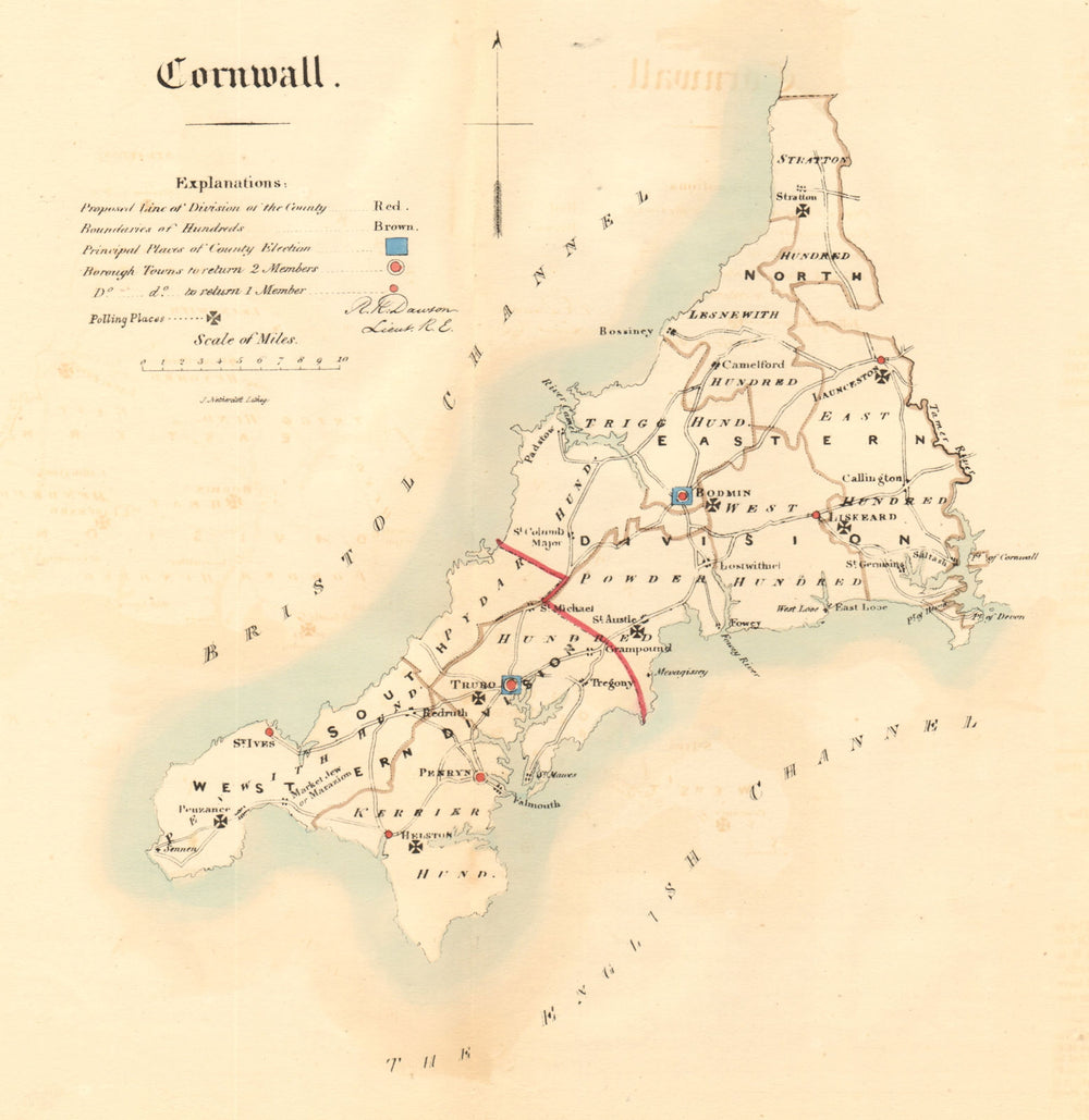 Cornwall county map. Divisions boroughs electoral. REFORM ACT. DAWSON 1832
