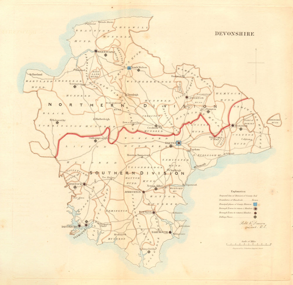 Devonshire county map. Divisions boroughs electoral. REFORM ACT. DAWSON 1832
