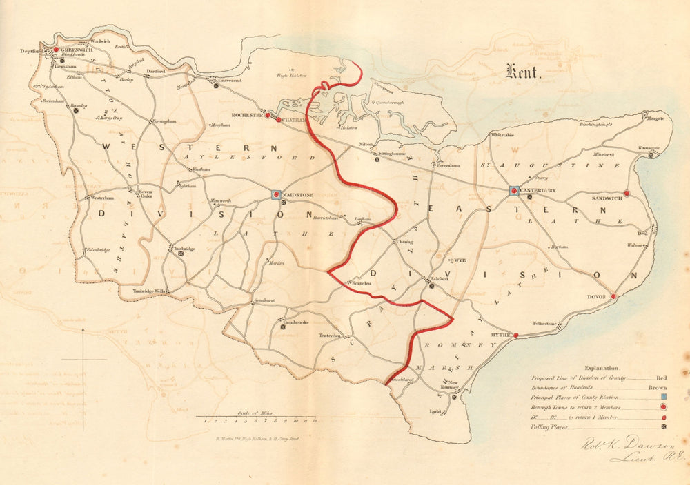 Kent county map. Divisions boroughs electoral. REFORM ACT. DAWSON 1832 old