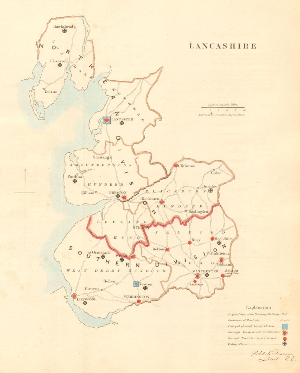 Lancashire county map. Divisions boroughs electoral. REFORM ACT. DAWSON 1832