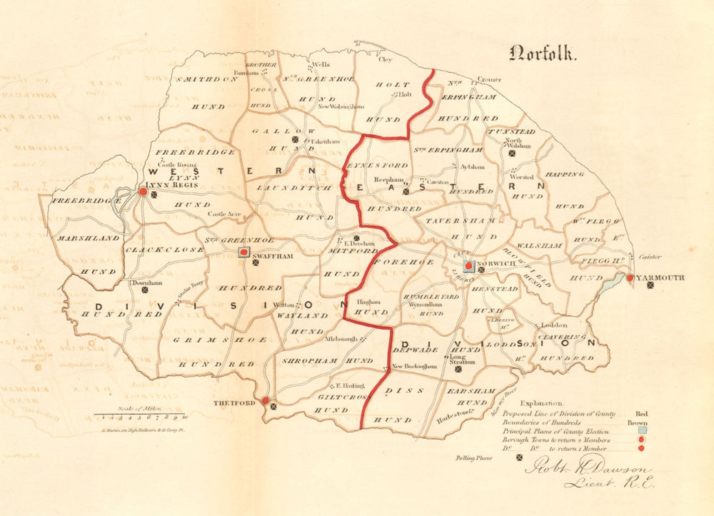 Norfolk county map. Divisions boroughs electoral. REFORM ACT. DAWSON 1832