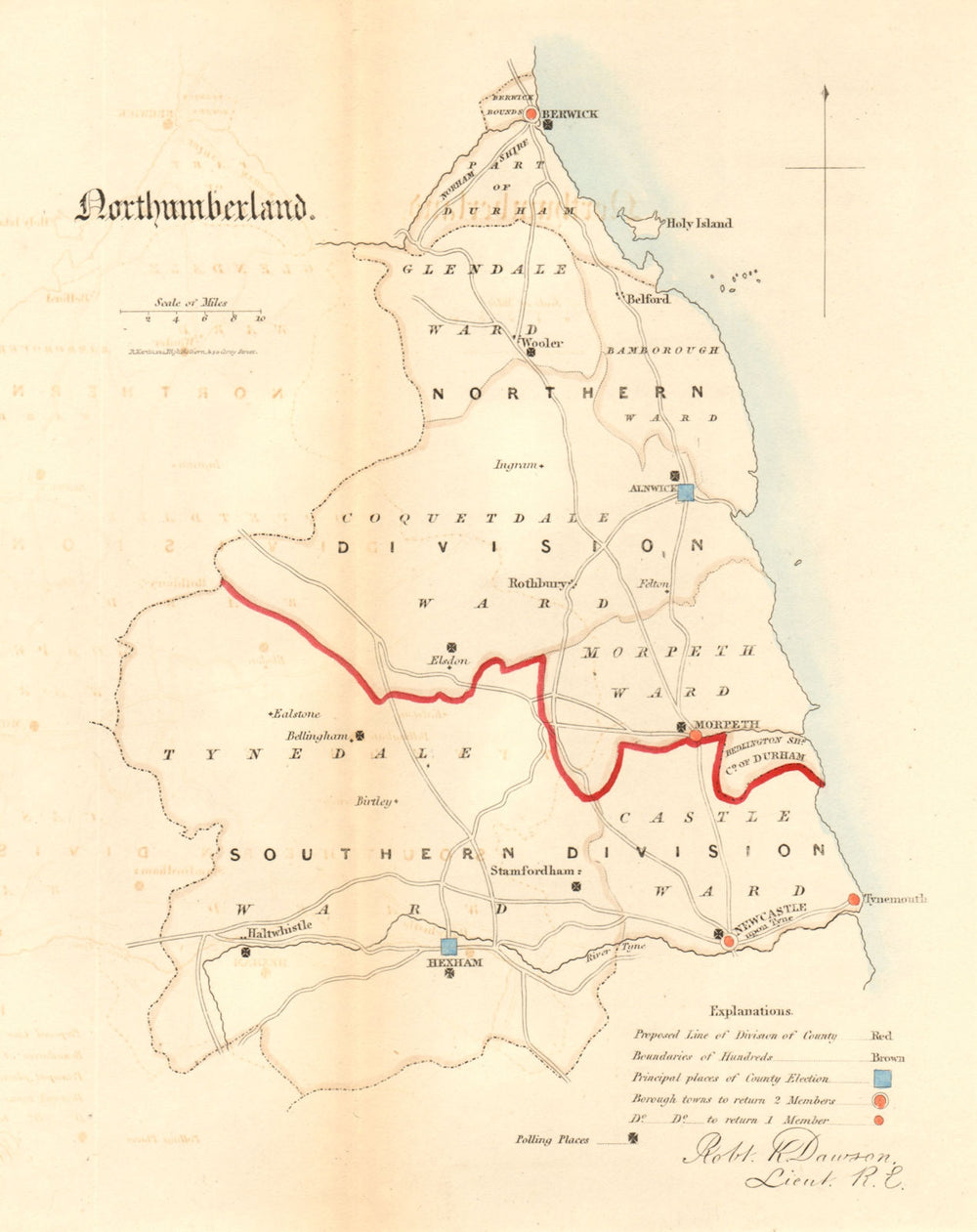 Northumberland county map. Divisions boroughs electoral. REFORM ACT. DAWSON 1832