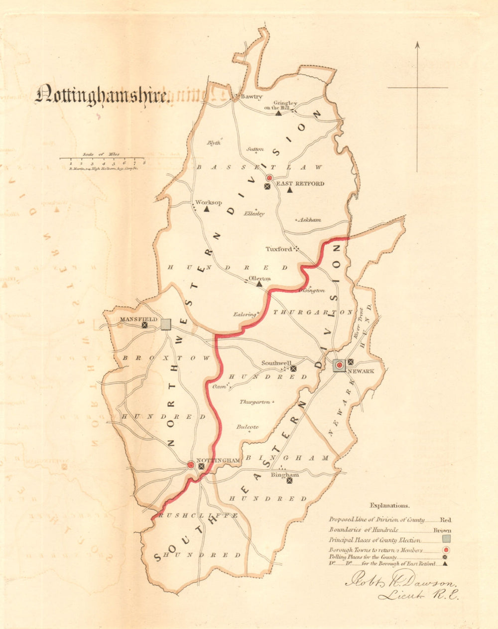 Nottinghamshire county map. Divisions boroughs electoral REFORM ACT. DAWSON 1832