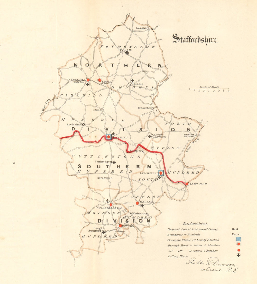 Staffordshire county map. Divisions boroughs electoral. REFORM ACT. DAWSON 1832