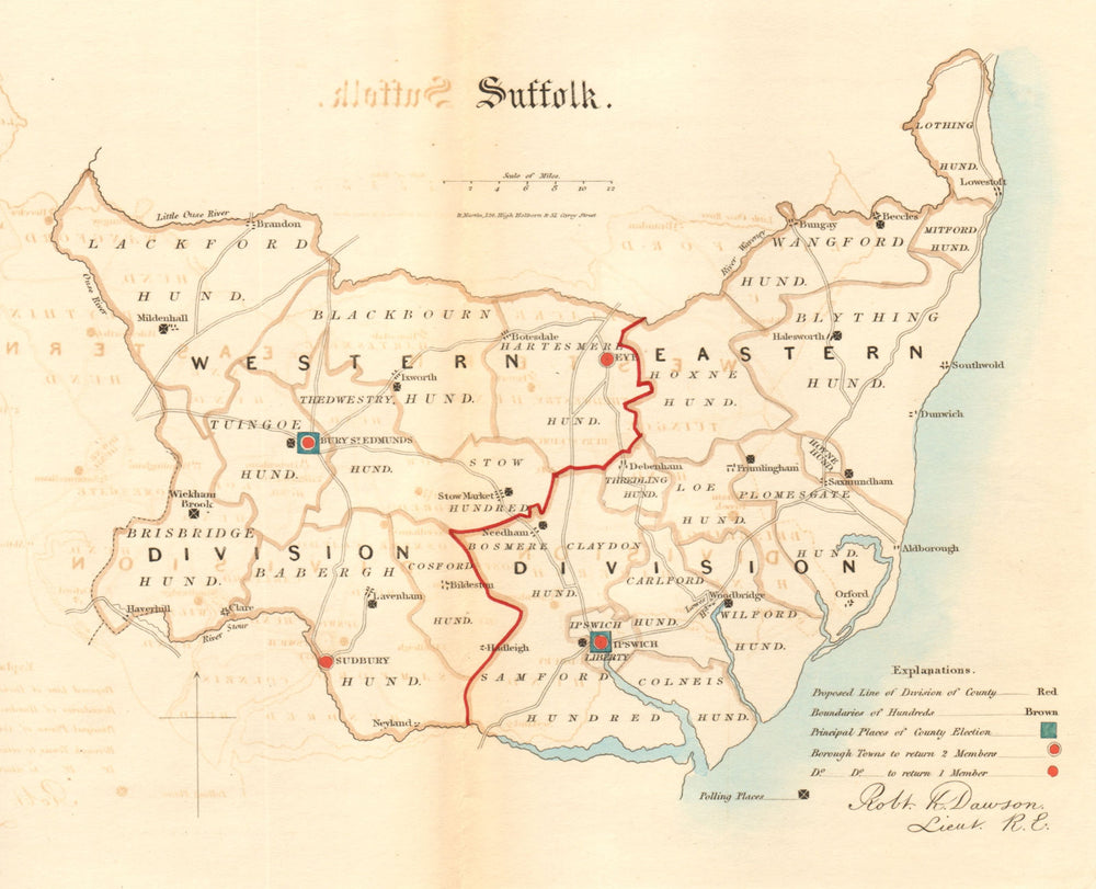 Suffolk county map. Divisions boroughs electoral. REFORM ACT. DAWSON 1832