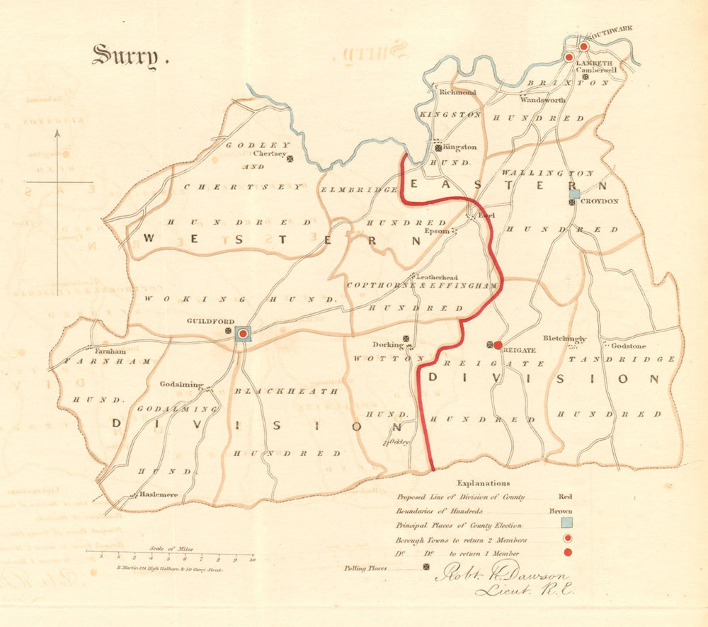 Surrey county map. Divisions boroughs electoral. REFORM ACT. DAWSON 1832