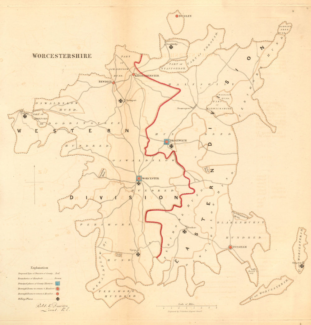 Worcestershire county map. Divisions boroughs electoral. REFORM ACT. DAWSON 1832