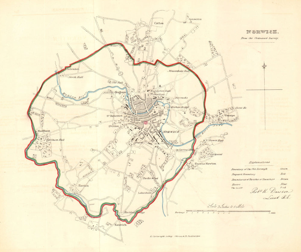 NORWICH borough/town/city plan. REFORM ACT. Catton. Norfolk. DAWSON 1832 map