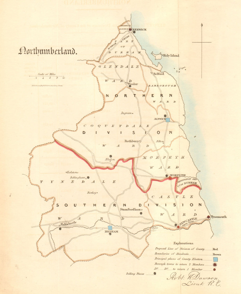 Northumberland county map. Divisions boroughs electoral. REFORM ACT. DAWSON 1832