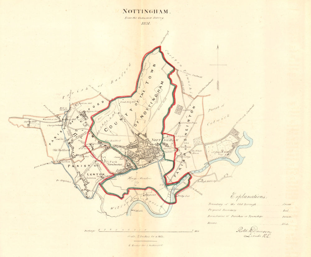 NOTTINGHAM borough/town plan. REFORM ACT. Lenton Radford. DAWSON 1832 old map