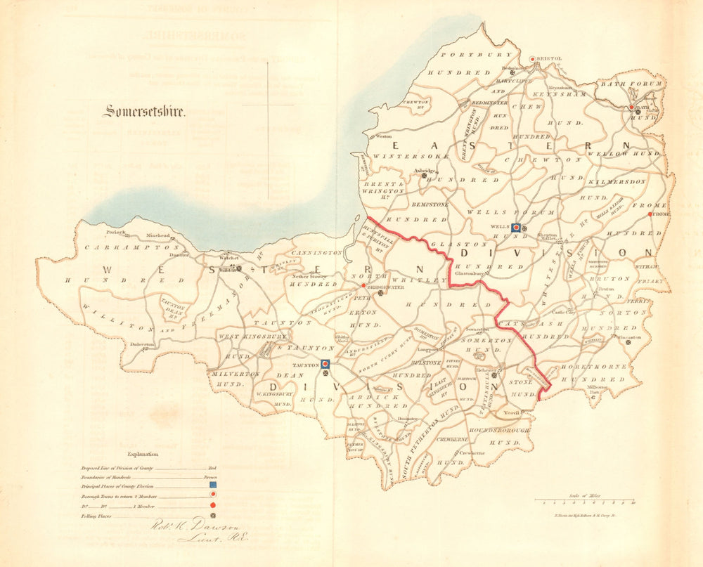 Somersetshire county map. Divisions boroughs electoral. REFORM ACT. DAWSON 1832