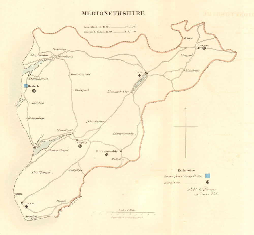 Merionethshire county map. Polling places. Electoral. REFORM ACT. DAWSON 1832