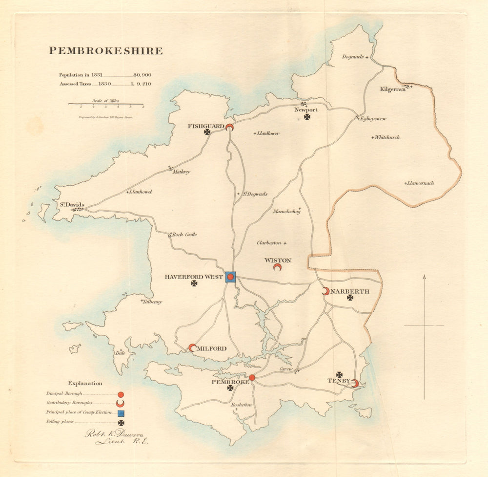 Pembrokeshire county map. Principal/contributory boroughs REFORM ACT.DAWSON 1832