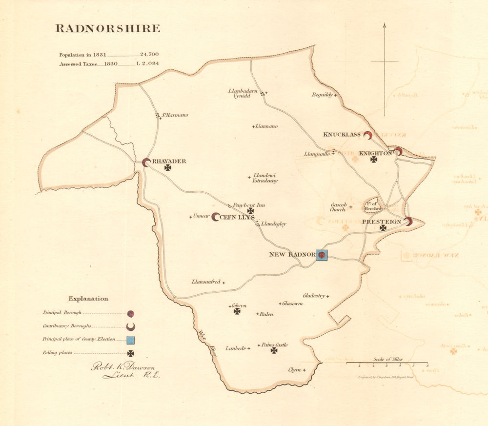 Radnorshire county map. Principal/contributory boroughs. REFORM ACT. DAWSON 1832