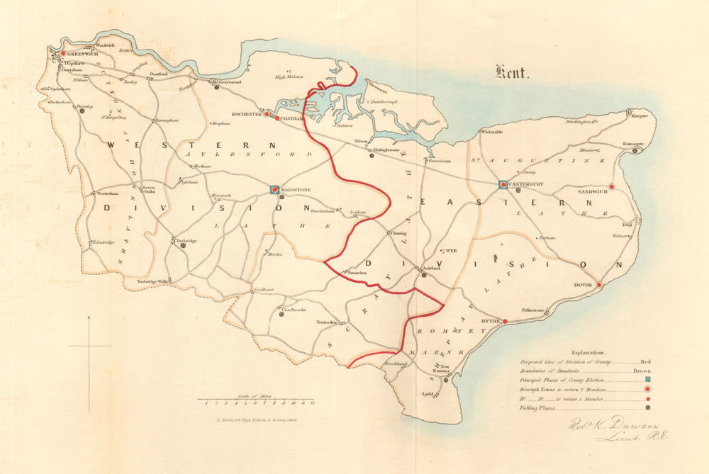 Kent county map. Divisions boroughs electoral. REFORM ACT. DAWSON 1832 old