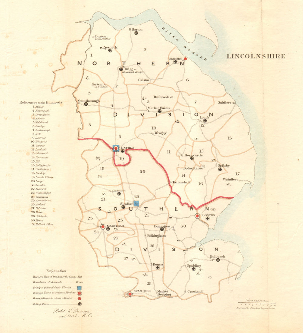 Lincolnshire county map. Divisions boroughs electoral. REFORM ACT. DAWSON 1832