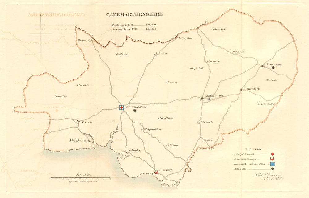 Caermarthenshire county map. Contributory boroughs electoral. REFORM ACT 1832